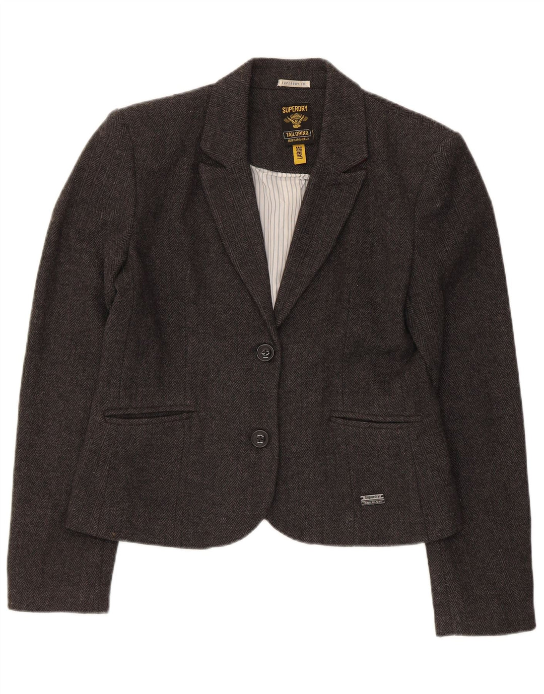 Jachetă Blazer pentru femei Superdry, cu 2 nasturi, UK 14, lână mare gri Herringbone