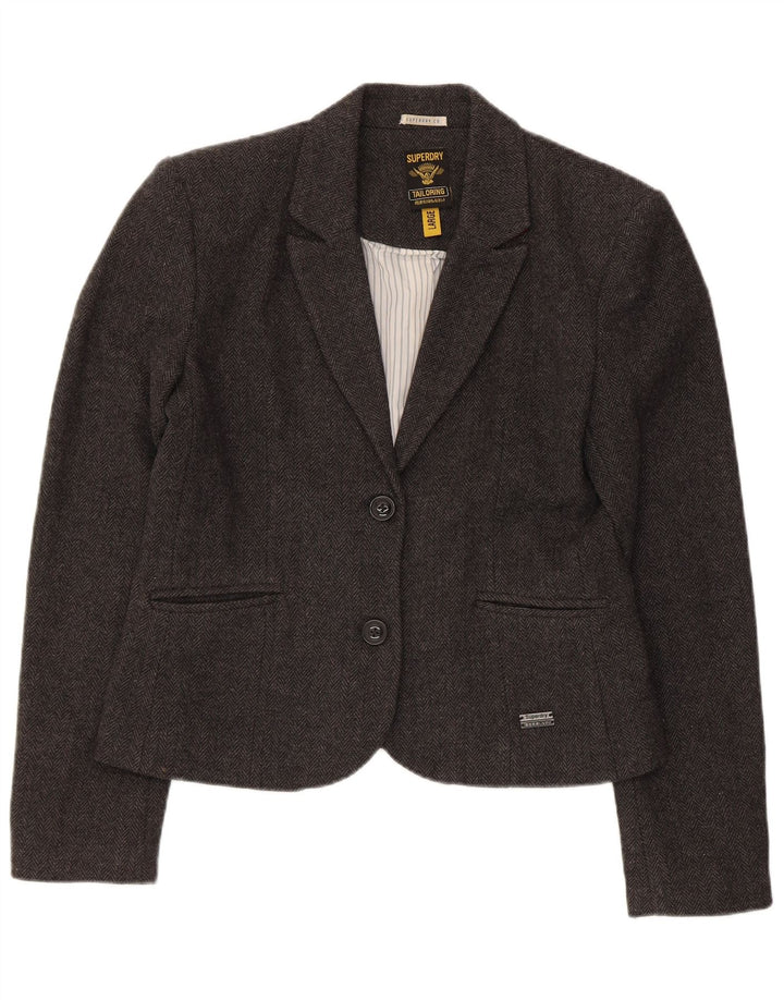 Jachetă Blazer pentru femei Superdry, cu 2 nasturi, UK 14, lână mare gri Herringbone