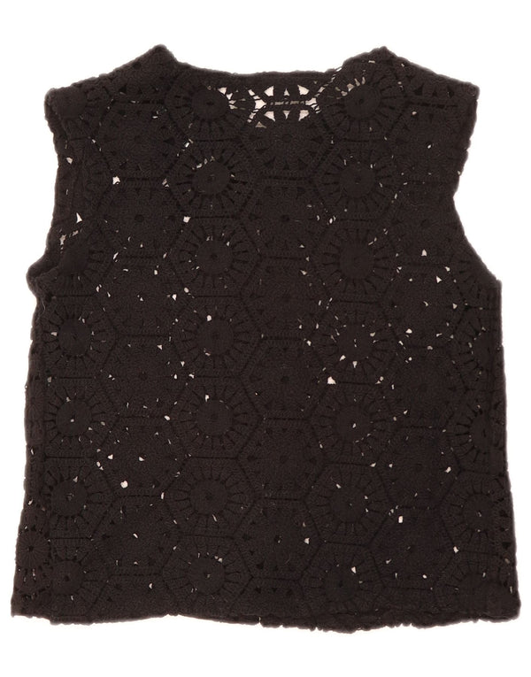 Top cardigan croșetat vintage pentru femei UK 12 Medium Black Floral