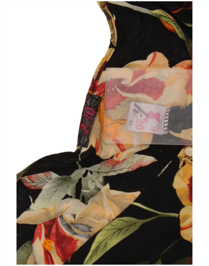 Bluză pentru femei VINTAGE Cămașă Crop UK 12 Medium Black Floral Viscose