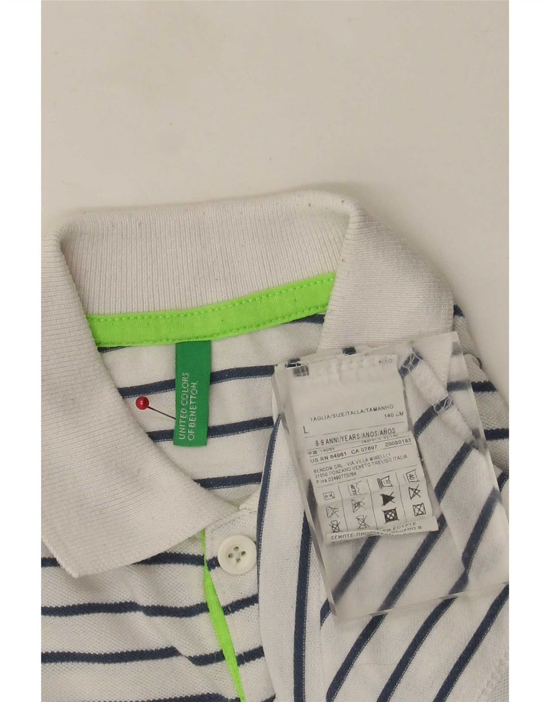 Tricou polo pentru băieți Benetton 8-9 ani poliester cu dungi albe mari