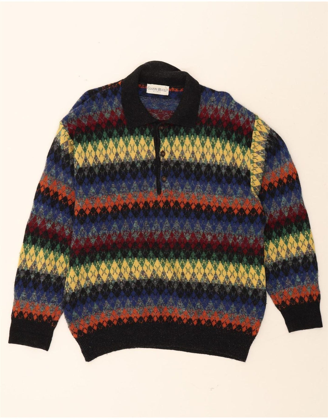 GIANNI BUGLI Mens Polo Neck Jumper Sweater IT 50 Medium Multicoloured Vintage Gianni Bugli and Second-Hand Gianni Bugli from Messina Hembry 