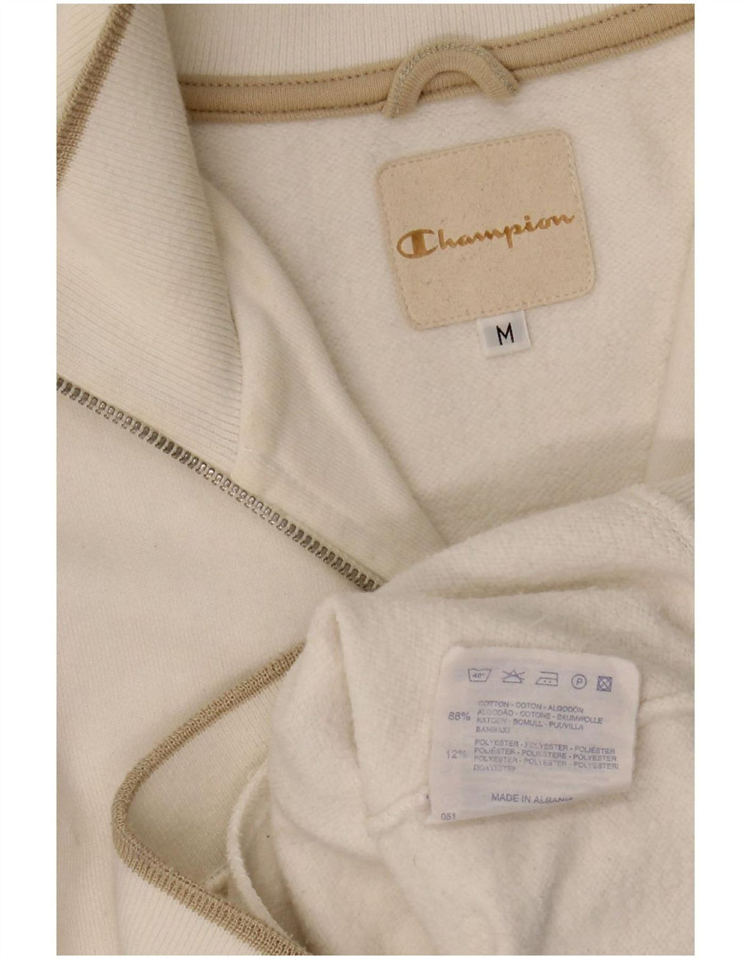 Pulover pentru femei Champion, cu fermoar, cu gât, UK 14, bumbac alb mediu