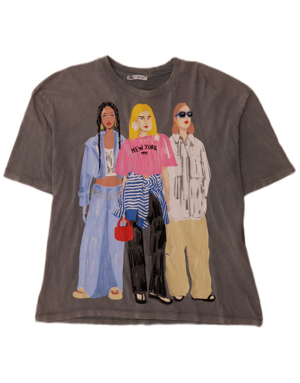 Tricou cu grafică Zara pentru femei New York Top UK 10 Small Grey Bumbac