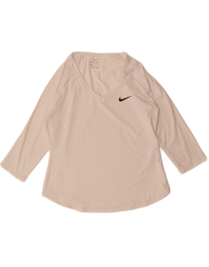 NIKE Womens Dri Fit Top 3/4 Sleeve UK 12 Medium Off White Polyester