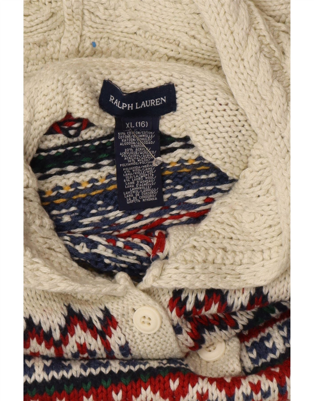 Pulover cu glugă pentru fete RALPH LAUREN, 15-16 ani, XL, bumbac alb Fair Isle