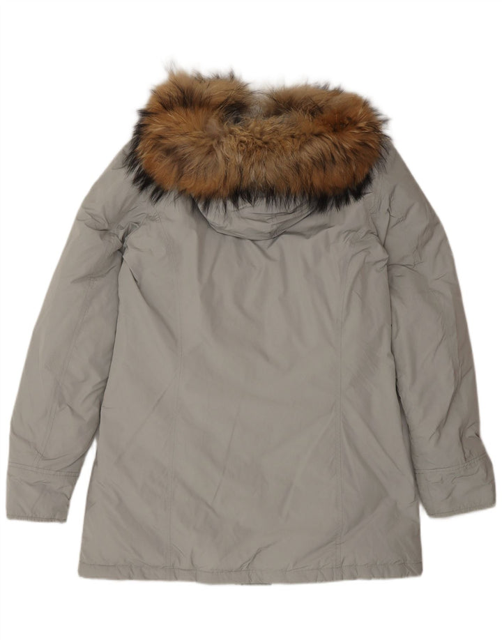 Jachetă parka cu glugă Woolrich pentru femei UK 16 mare, gri poliester iarnă