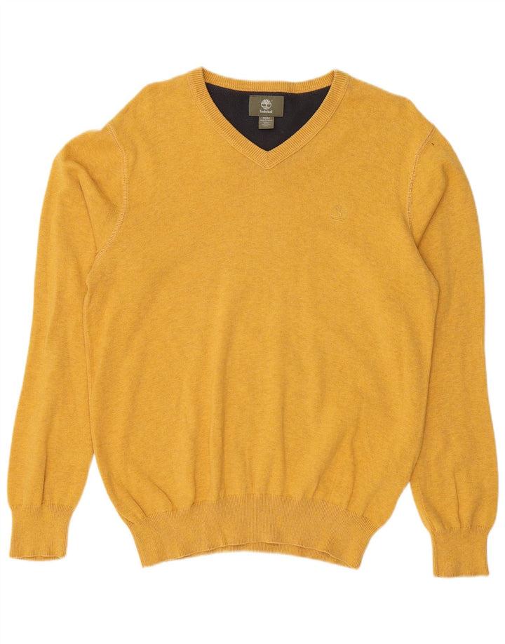 TIMBERLAND Mens Regular Fit V-Neck Jumper Sweater Medium Yellow Cotton