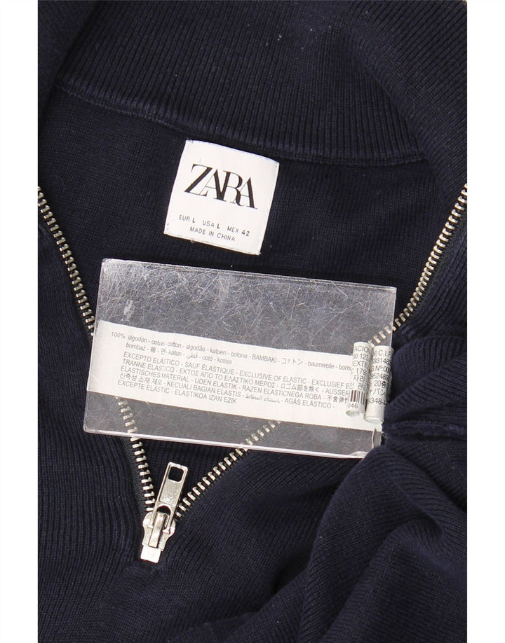 Pulover pentru bărbați Zara, cu fermoar, cu gât, mare, albastru, bumbac