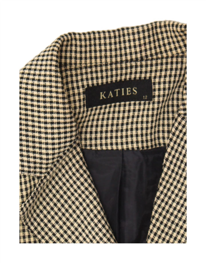 VINTAGE Womens 3 Button Blazer Jacket UK 12 Medium Beige Houndstooth Vintage Vintage and Second-Hand Vintage from Messina Hembry 