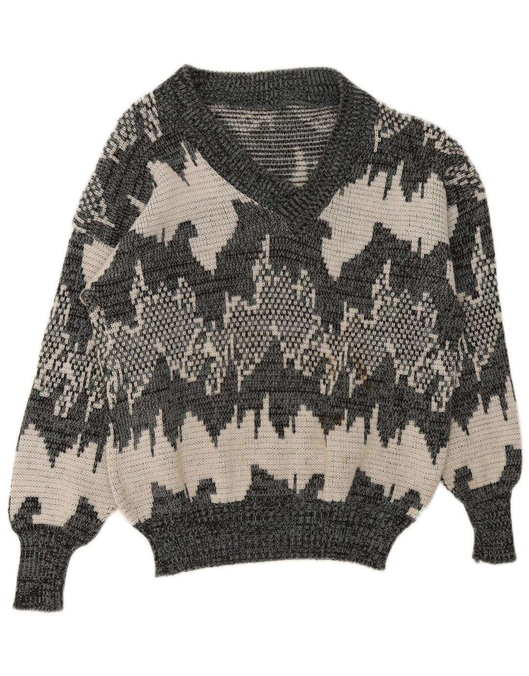 Pulover vintage pentru bărbați, cu model abstract, cu decolteu în V, gri mediu geometric
