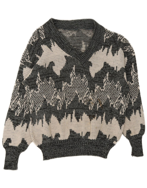 Pulover vintage pentru bărbați, cu model abstract, cu decolteu în V, gri mediu geometric