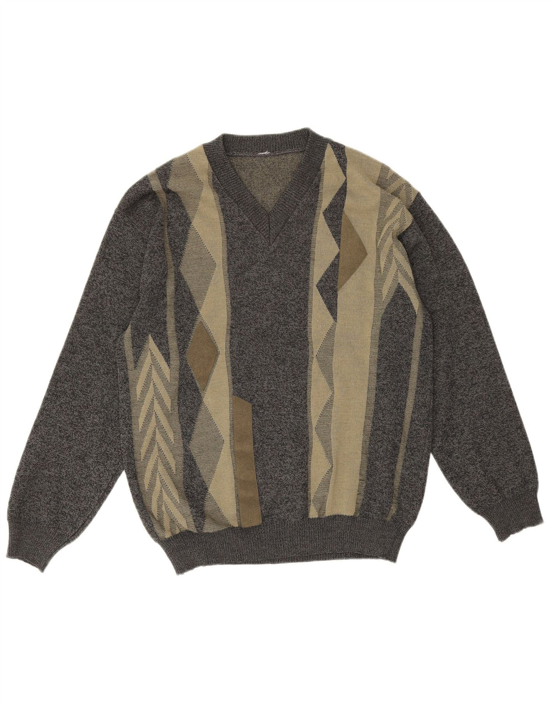 Pulover vintage pentru bărbați cu decolteu în V, lână merinos geometrică, gri mediu
