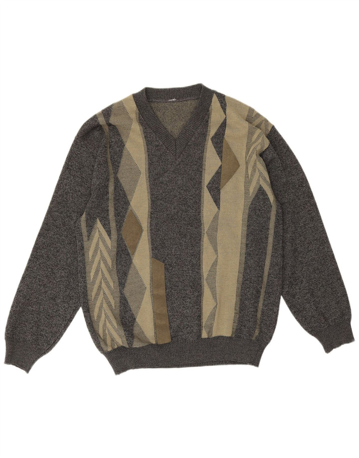 Pulover vintage pentru bărbați cu decolteu în V, lână merinos geometrică, gri mediu