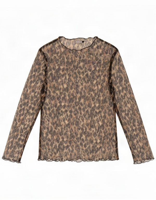 Next Womens Long Sleeve See Through Top UK 4 XS Brown Animal Print