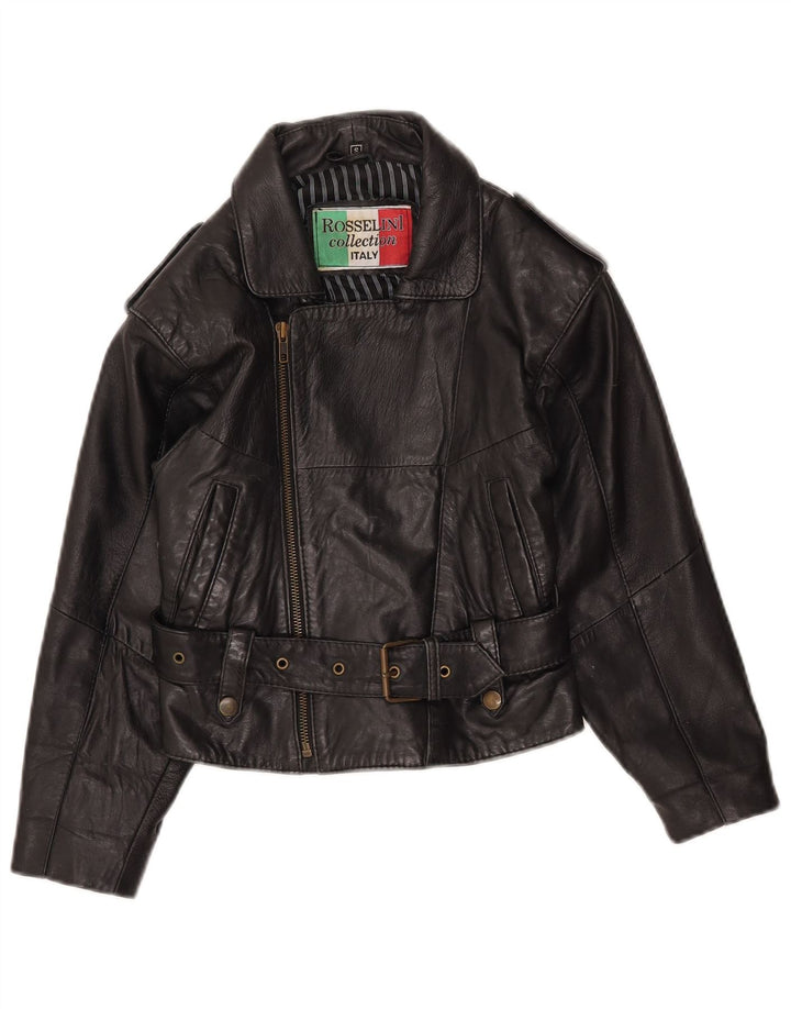 Jachetă de motociclist din piele crop vintage pentru femei UK 8 Mic din piele neagră