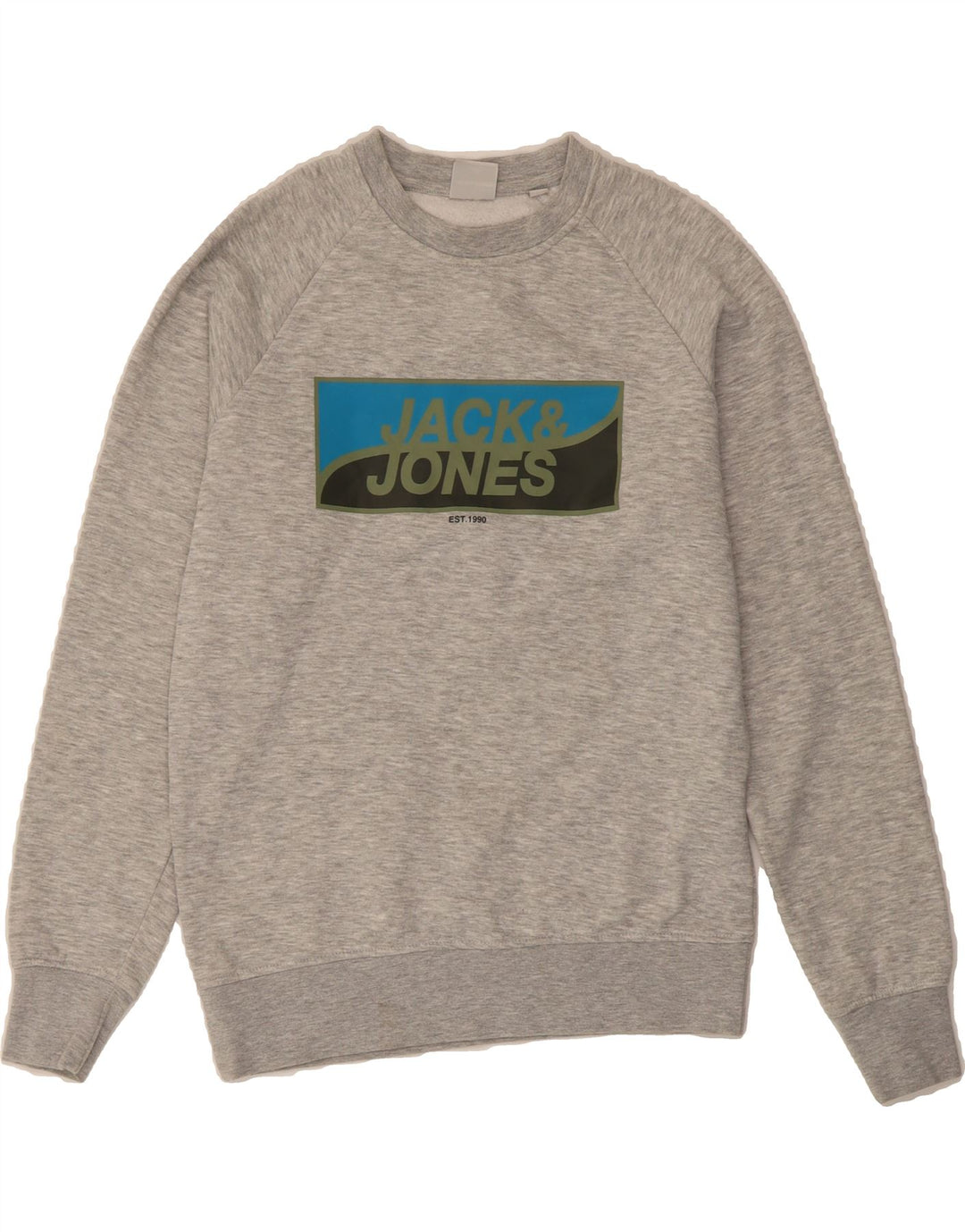 JACK & JONES Mens Graphic Sweatshirt Jumper Small Grey Flecked Polyester Vintage Jack & Jones and Second-Hand Jack & Jones from Messina Hembry 