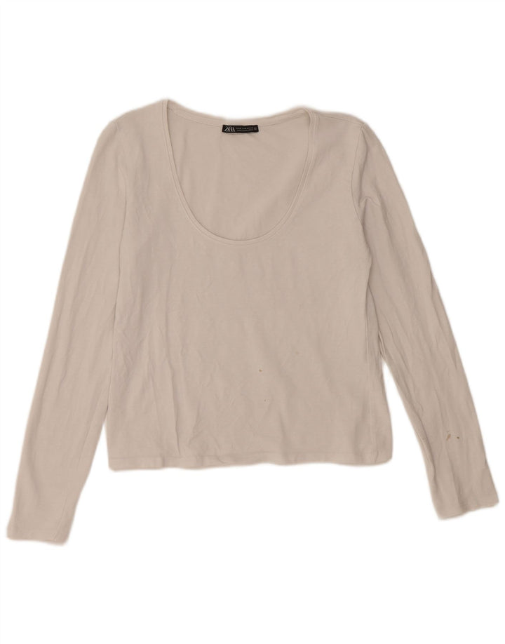 Crop Top pentru femei Zara cu mânecă lungă UK 12, bumbac alb mediu
