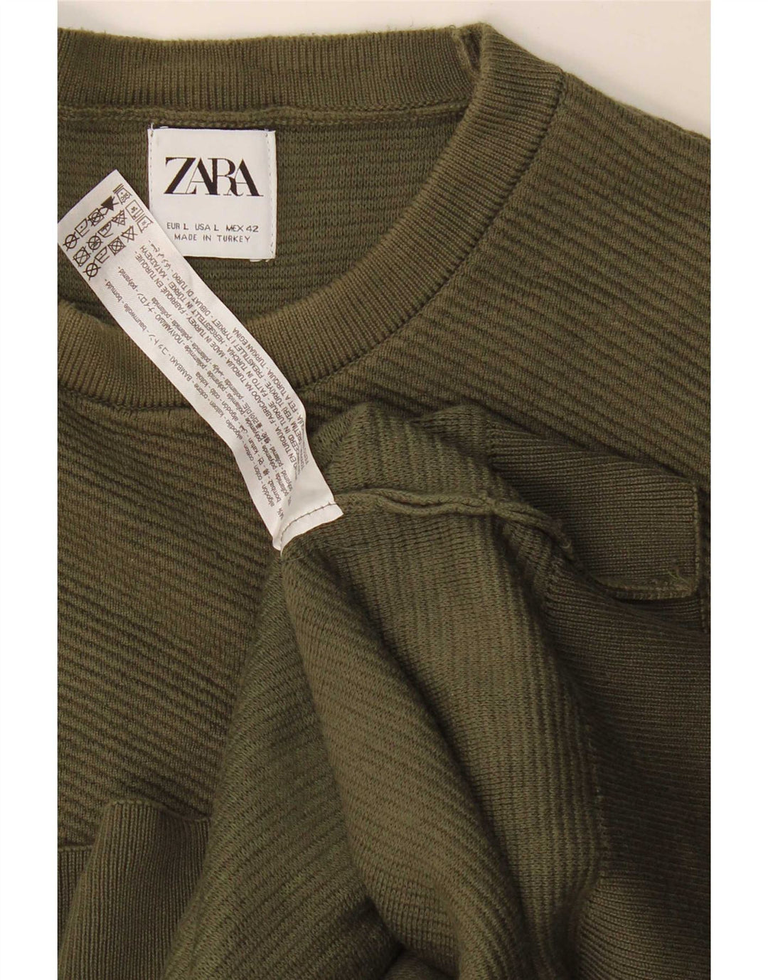 Pulover pentru bărbați Zara, cu decolteu, mare, bumbac, kaki