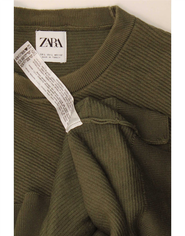 Pulover pentru bărbați Zara, cu decolteu, mare, bumbac, kaki