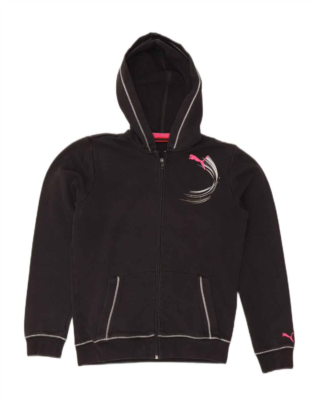 Pulover pentru fete PUMA Graphic Zip Hoodie 13-14 ani, bumbac negru