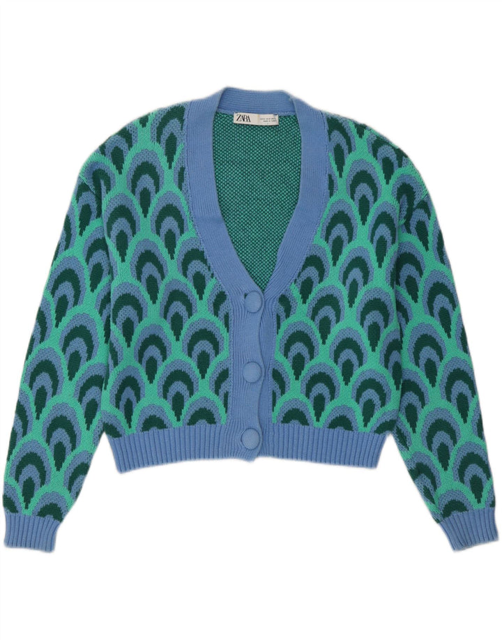 Pulover cardigan supradimensionat pentru femei Zara UK 10 mic turcoaz geometric