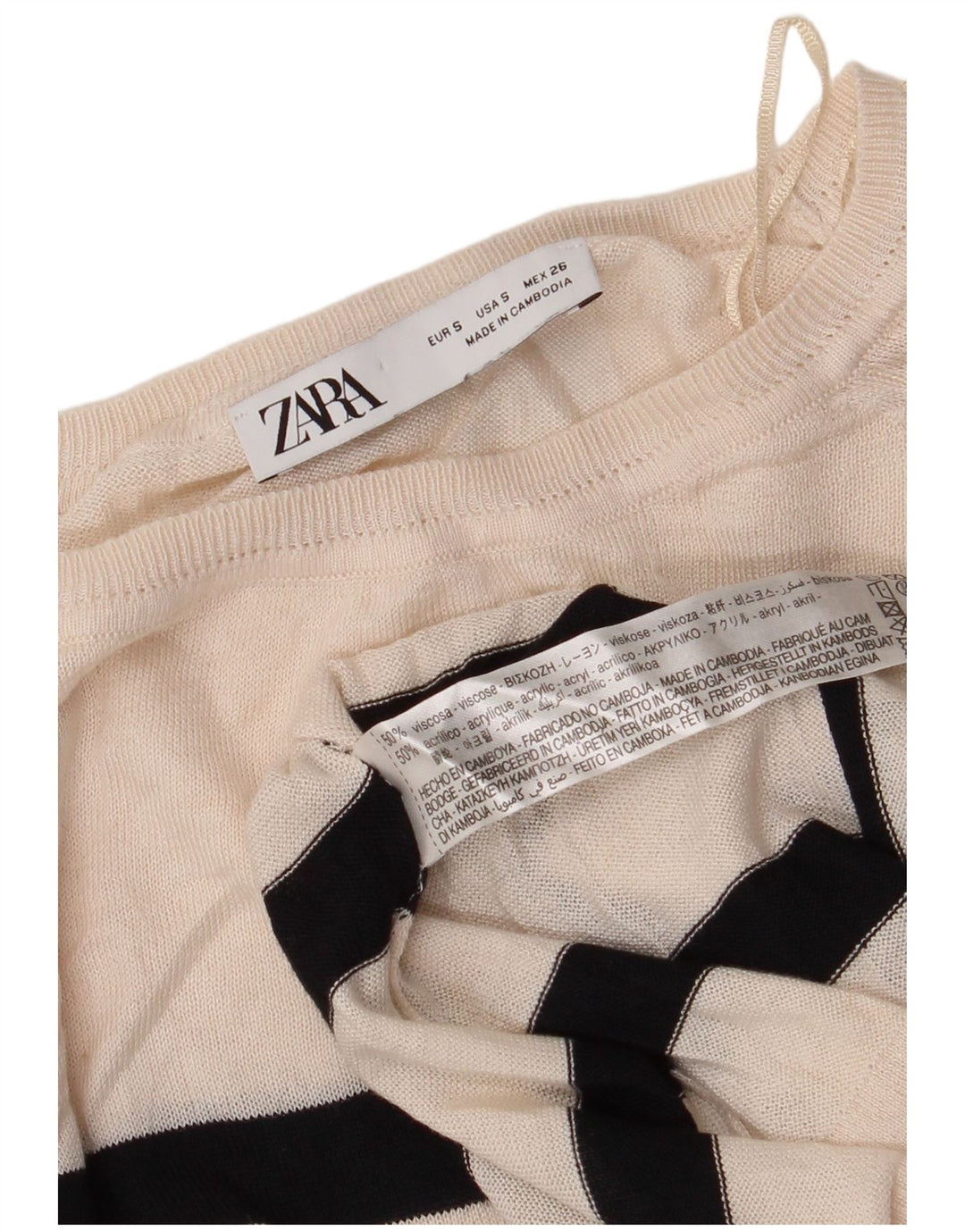 Pulover de damă ZARA crop cu gât de barcă, cu dungi alb, mic, 10 UK