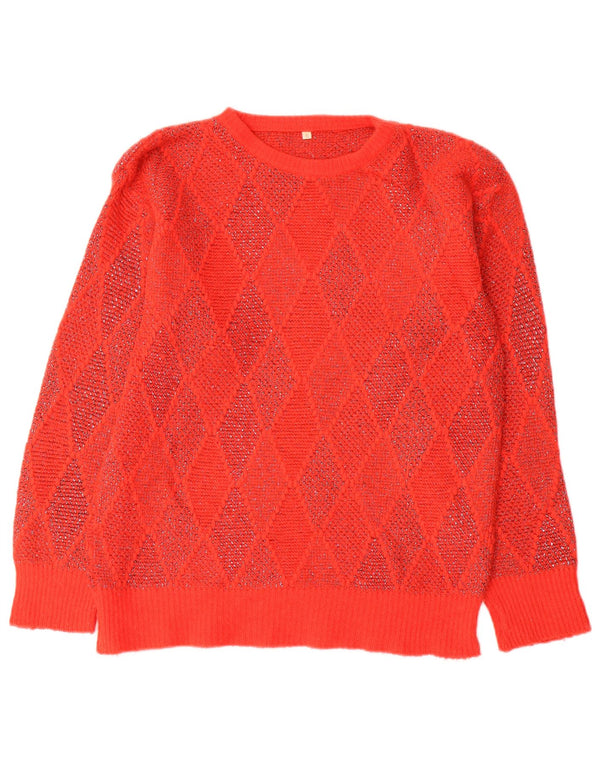 Pulover vintage pentru femei cu gât roșu și pulover UK 10 Small Red Argyle/Diamond