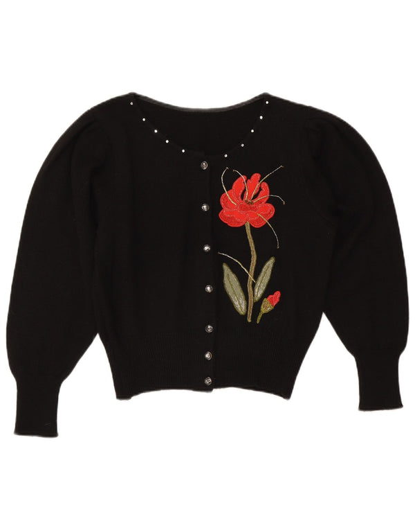 Pulover vintage cardigan crop pentru femei UK 14 Medium Black Floral