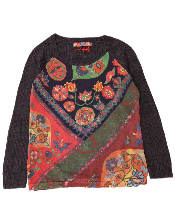 DESIGUAL Pulover cu gât de barcă pentru femei UK 18 XL Gri Floral