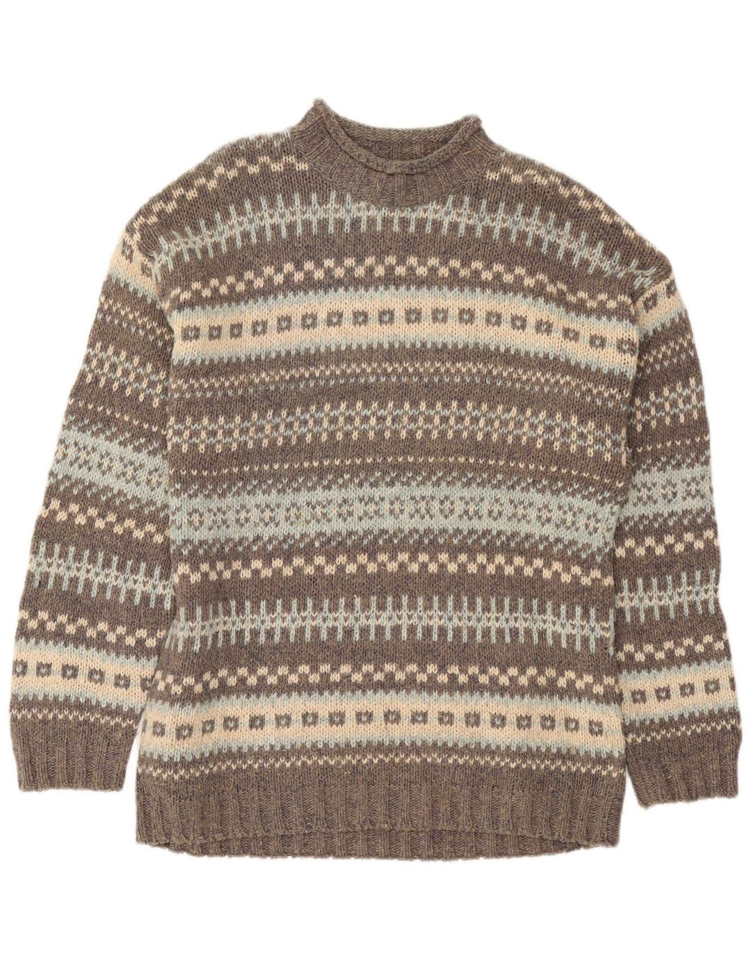 Pulover vintage pentru bărbați cu gât țestoasă, mare, lână Fair Isle, gri