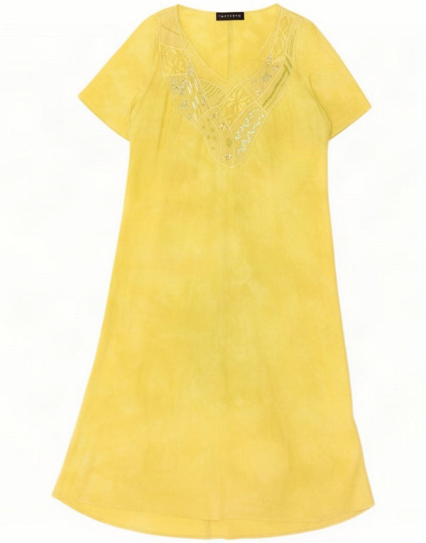 Vintage Womens Maxi Dress UK 16 Large Yellow Floral Linen