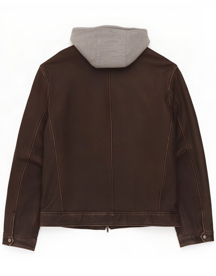 Conbipel Mens Hooded Leather Jacket IT 52 Large Brown