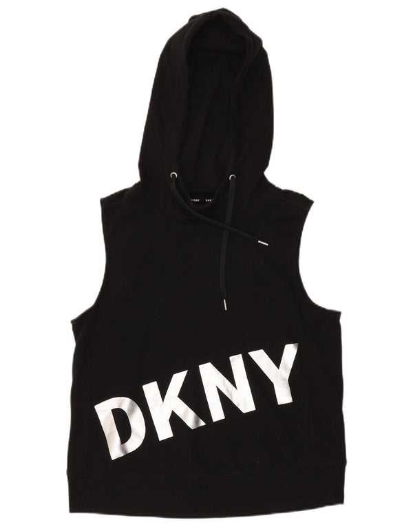 DKNY Womens Graphic Sleeveless Hoodie Jumper UK 14 Medium Black Cotton