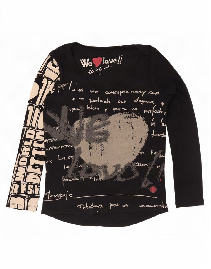 Top grafic pentru femei Desigual cu mânecă lungă UK 12, bumbac mediu negru