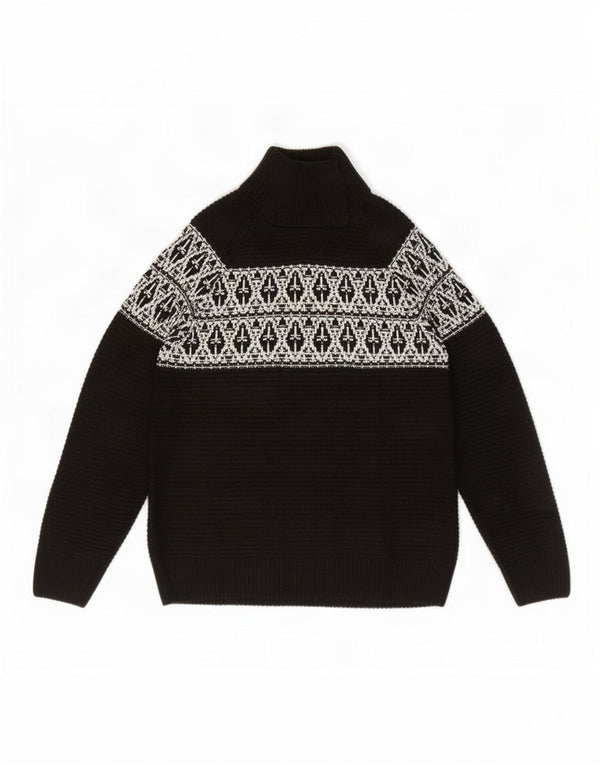 Pulover vintage pentru femei cu gât rulat, UK 16, mare, negru, Fair Isle