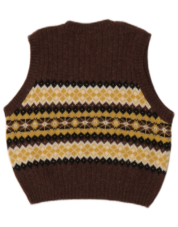 Stefanel Womens Crop Vest Tank Top UK 10 Small Brown Fair Isle Lână