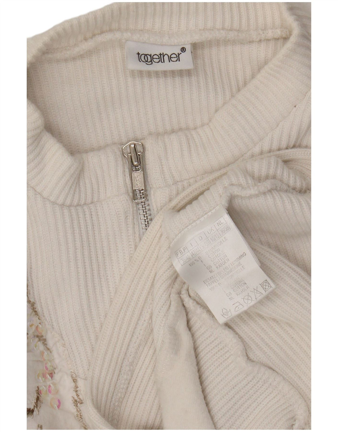 Pulover pentru femei Together Graphic cu fermoar și gât UK 10/12 Medium White