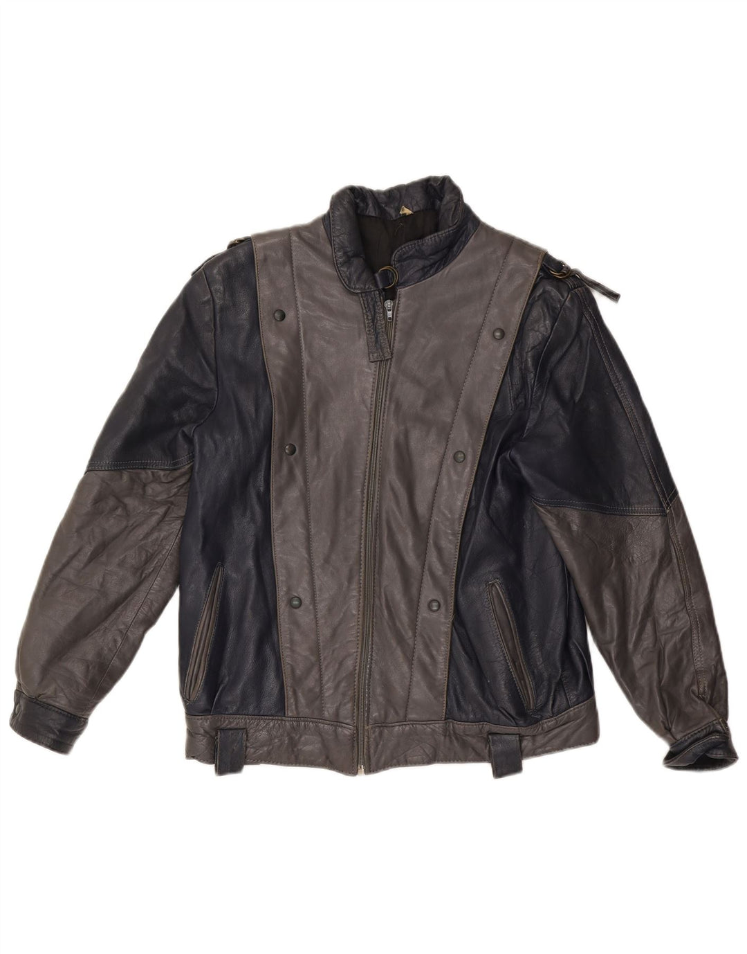 Jachetă de piele VINTAGE pentru femei UK 14 Medium Gri Colorblock