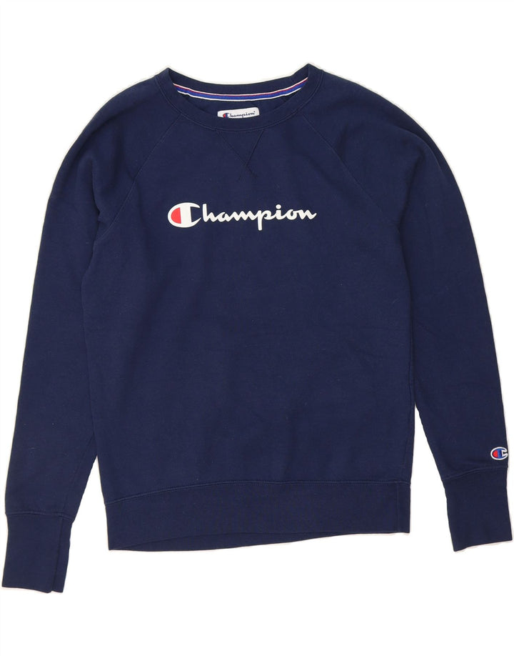 CHAMPION Mens Graphic Sweatshirt Jumper Small Navy Blue Polyester Vintage Champion and Second-Hand Champion from Messina Hembry 