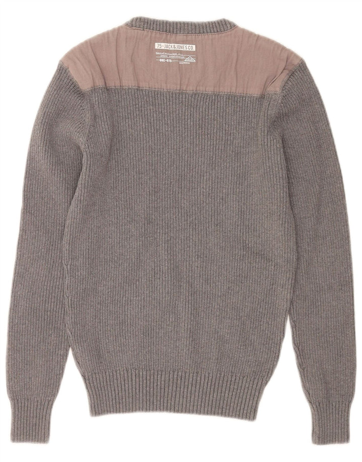 Pulover Jack & Jones pentru bărbați cu gât roșu, bumbac color bloc, gri mediu