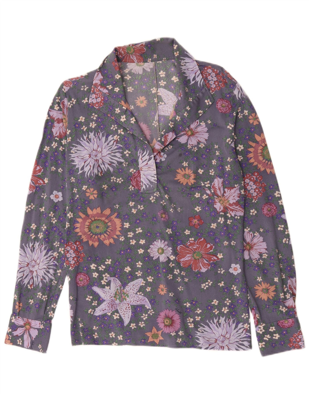 Cămașă vintage cu mânecă lungă pentru femei UK 14 Medium Gri Floral