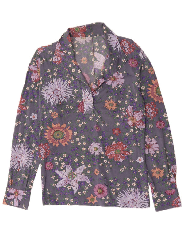 Vintage Womens Long Sleeve Pullover Shirt UK 14 Medium Grey Floral