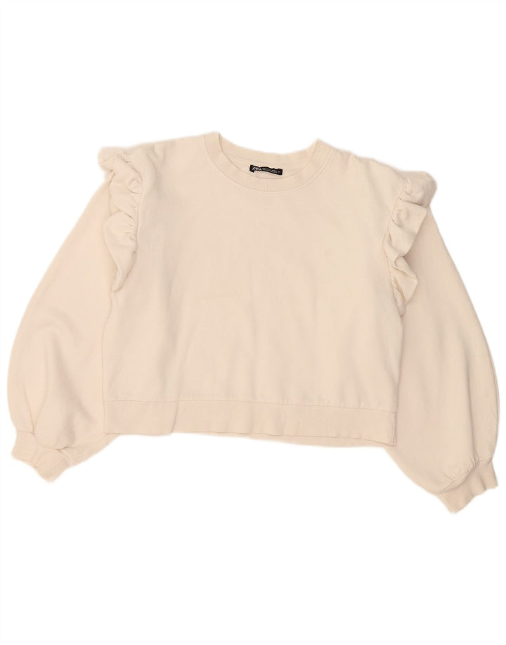 Pulover Oversized Crop pentru femei Zara UK 10 Bumbac alb mic