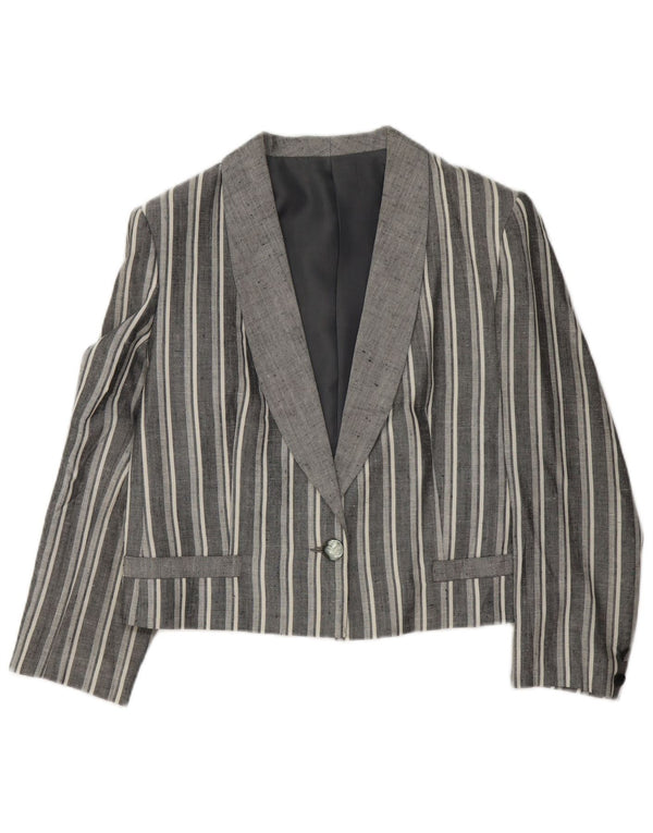 Jachetă vintage pentru femei crop 1 buton blazer UK 12 mediu gri cu dungi