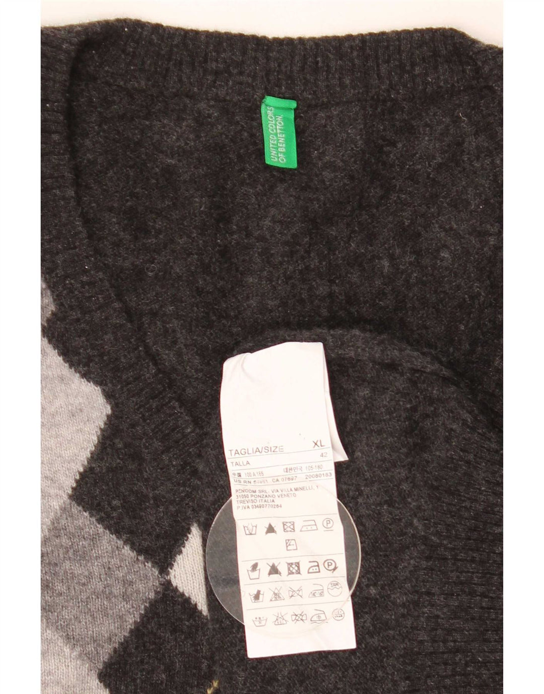 Pulover pentru bărbați Benetton cu decolteu în V, XL, gri Argyle/Lână diamant
