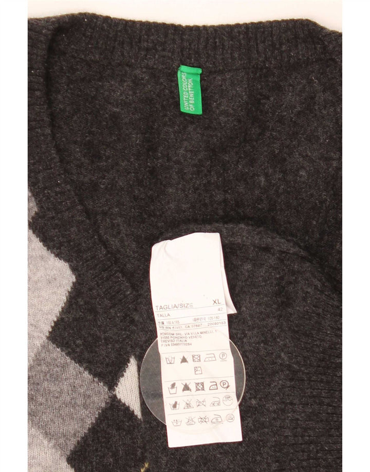 Pulover pentru bărbați Benetton cu decolteu în V, XL, gri Argyle/Lână diamant
