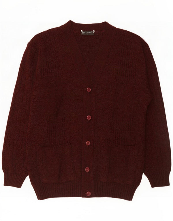 BELLISIMO Mens Cardigan Sweater Large Burgundy Flecked Acrylic