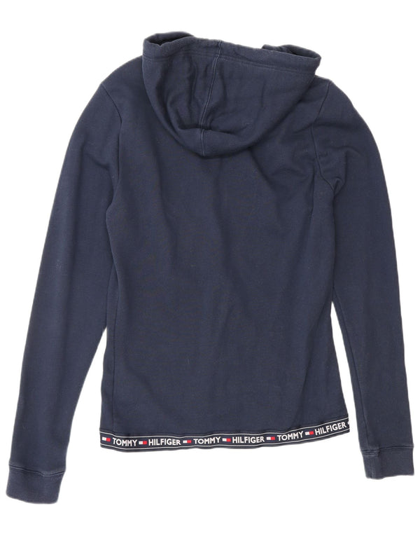 TOMMY HILFIGER Pulover cu capota cu fermoar grafic pentru femei UK 12 Medium Bleumarin