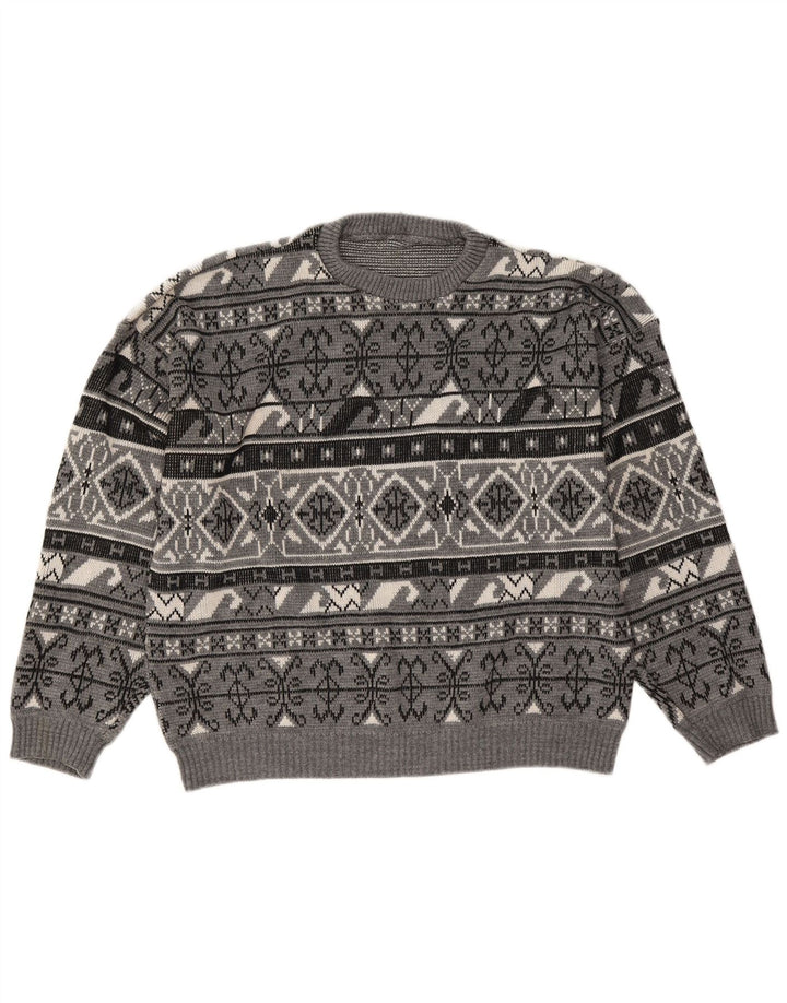 Pulover vintage pentru bărbați cu gâtul turnat, mare, gri Fair Isle